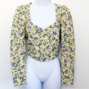 TOPSHOP Long Sleeve Cropped Top Yellow Floral Print Size 6 NWT Cotton